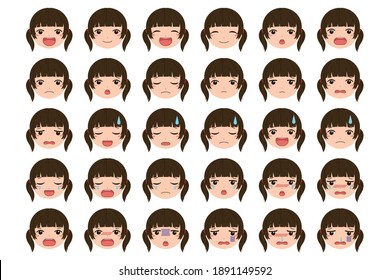 Material facial con diversas expresiones faciales como caras sonrientes y rostros llorosos de niñas