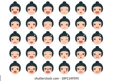 Face material set with various facial expressions such as smiling faces and crying faces of girls