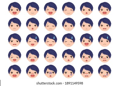 Face material set with various facial expressions such as boys' smiles and crying faces