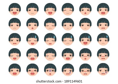 Material facial con diversas expresiones faciales como sonrisas y rostros llorosos de niños