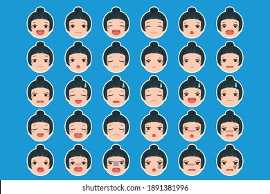 Face material set with various facial expressions such as smiling faces and crying faces of girls with white borders