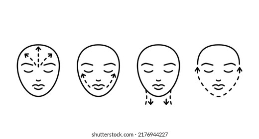 Enfrentar el procedimiento plástico de belleza médica de mejilla, barbilla, frente y cuello, icono de línea. Fijar el perfil facial, estético. Cirugía plástica, elevación de la piel del contorno. Ilustración del vector