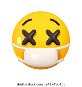 Face with Medical Mask Emoji. Emotion 3d cartoon icon. Yellow round emoticon. Vector illustration