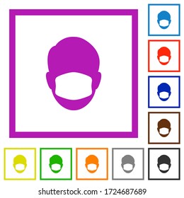 Face with medical mask flat color icons in square frames on white background