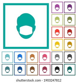 Face with medical mask flat color icons in circle shape outlines. 12 bonus icons included.