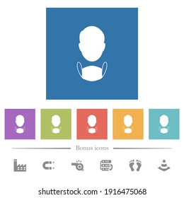 Face and medical mask flat white icons in square backgrounds. 6 bonus icons included.