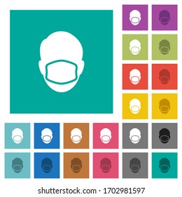 Face with medical mask multi colored flat icons on plain square backgrounds. Included white and darker icon variations for hover or active effects.