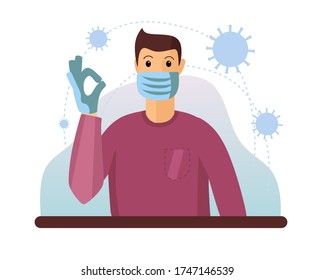 Face with medical mask on. Hands in gloves. Protection against viruses and bacteria during epidemics.Protective mask and gloves before street. Avoid infection. Coronavirus. Vector flat illustration.