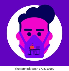 Face with medical mask resembling a house with someone working on a laptop. Illustration of a man working at home during virus outbreak with a cat.