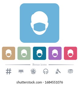 Face with medical mask white flat icons on color rounded square backgrounds. 6 bonus icons included