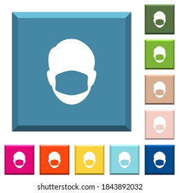 Face with medical mask white icons on edged square buttons in various trendy colors
