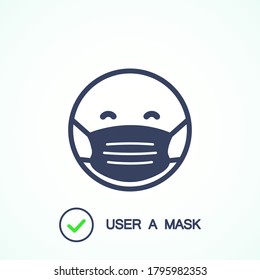 Face in a medical face protection mask. Smile icon in medical mask black color. Vector illustration. EPS 10