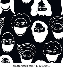 Face with medicine mask, people, chalk vector seamless pattern on black background. Concept for wallpaper, wrapping paper, cards 