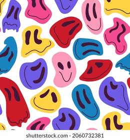 Face melt pattern. Happy drug faces, exotic techno retro background. Funny psychedelic portraits, textile 70s print. Surreal hippie decent vector seamless texture