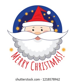 Face of a merry Santa Claus with a white beard and white mustache. On the head is a red cap. Blue background in the circle. On a blue background are yellow stars. Below the inscription Merry Christmas
