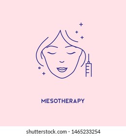 Face mesotherapy line icon. Hyaluronic acid facial injection, vector banner design template. Female rejuvenating mesotherapy. 