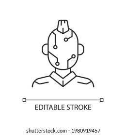 Face microcircuit black glyph icon. High tech body augmentation. Cyberpunk movie, sci fi game. Thin line customizable illustration. Contour symbol. Vector isolated outline drawing. Editable stroke
