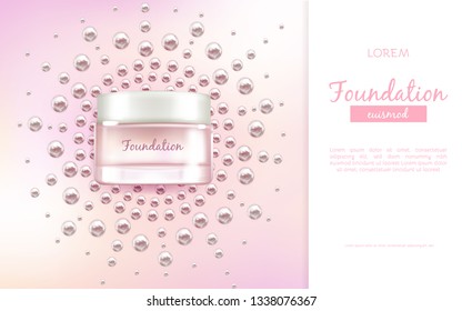 Face moisturizing cream or essence 3d realistic vector advertising banner, promo poster with glass tube on pink background with pearls illustration. Womens beauty, skincare cosmetics product mockup