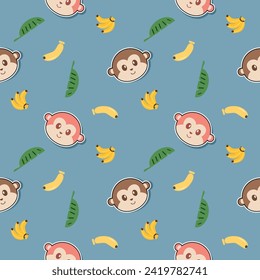 Face monkey cartoon so cute. On banana leaf background. Pattern seamless vector illustration. 