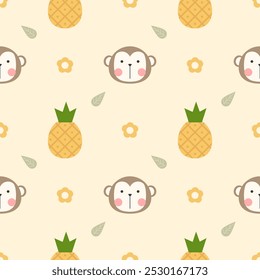 Face monkey cartoon so cute. On pineapple flower leaf yellow background. Pattern seamless vector illustration. 