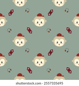 Face monkey cartoon so cute. On skateboard headphone green background. Pattern seamless vector illustration. 
