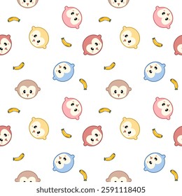 Face monkey cartoon so cute. On banana white background. Pattern seamless vector illustration. 
