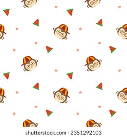 Face monkey glasses hat cartoon so cute. On watermelon heart white background. Pattern seamless vector illustration. 