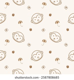 Face monkey line cartoon so cute. On Apple heart umbrellas background. Pattern seamless vector illustration. 