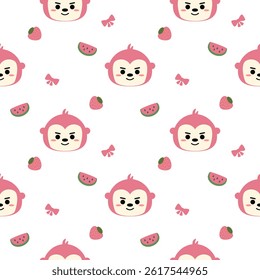 Face monkey pink cartoon so cute. On watermelon strawberry bow white background. Pattern seamless vector illustration.