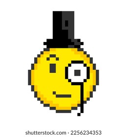 Face with monocle and hat. Pixel art emoticons. Vector illustration.