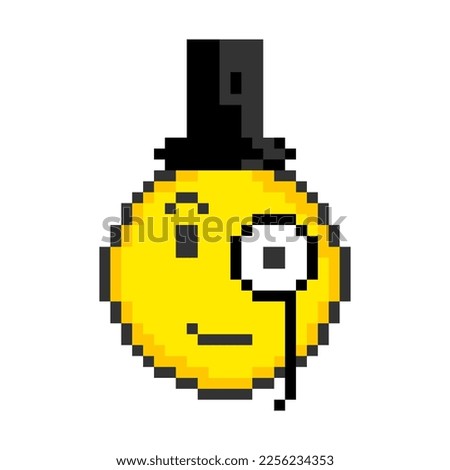 Face with monocle and hat. Pixel art emoticons. Vector illustration.