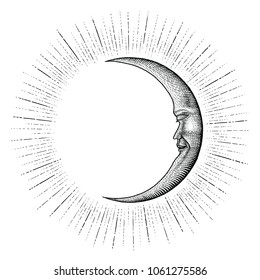 Face in Moon with sparkle hand drawing vintage engraving money line detail style for tattoo