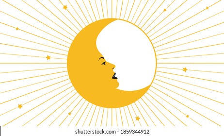 Face of moon with stars. Moon crescent with a beautiful woman's face. Astrological symbol. Vector illustration in art deco style.