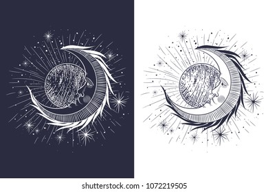 
the face of the moon, the stars, the Masonic tattoo, the design of T-shirts, alchemy, Akultism, medieval religion, retro, spirituality and isoteric tattoo. space and stars. vector graphic
