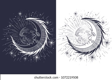 
the face of the moon, the stars, the Masonic tattoo, the design of T-shirts, alchemy, Akultism, medieval religion, retro, spirituality and isoteric tattoo. space and stars. vector graphic