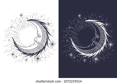 
the face of the moon, the stars, the Masonic tattoo, the design of T-shirts, alchemy, Akultism, medieval religion, retro, spirituality and isoteric tattoo. space and stars. vector graphic