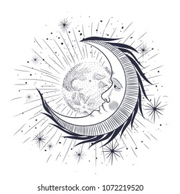 
the face of the moon, the stars, the Masonic tattoo, the design of T-shirts, alchemy, Akultism, medieval religion, retro, spirituality and isoteric tattoo. space and stars. vector graphic