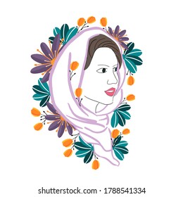 face of muslim woman with hijab surrounded by flowers, colorful floral line art, isolated on white background, vector illustration
