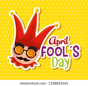 face with mustache wearing joker hat to fools day