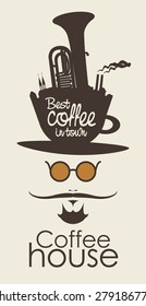 face the mustachioed man with a cup of coffee instead of a hat