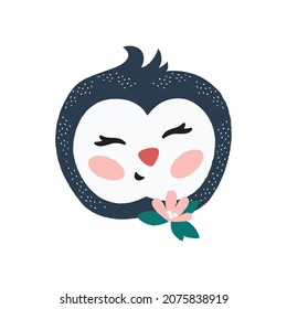 Face muzzle cute funny penguin. Vector flat illustration. Сartoon character. Print for children. Isolated. 