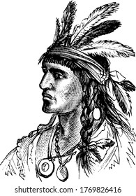 Una cara de norteamericano nativo con largos pelos y plumas sobre la cabeza, dibujo vintage de línea o ilustración grabadora.