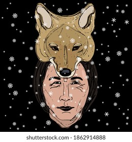 Face of a Native American man in coyote mask or hat under snowflakes. Shaman winter animal totem. Male trickster archetype of a shape shifter or werewolf. Hand drawn colorful art.