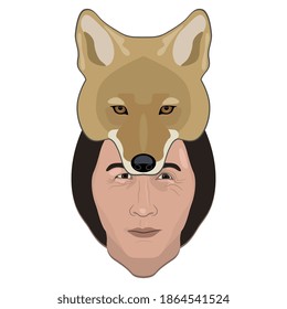 Face of a Native American man in coyote mask or hat. Shaman animal totem. Male trickster archetype of a shape shifter or werewolf. Cartoon style.