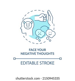 Face negative thoughts turquoise concept icon. Self appreciation abstract idea thin line illustration. Negative thinking. Isolated outline drawing. Editable stroke. Arial, Myriad Pro-Bold fonts used