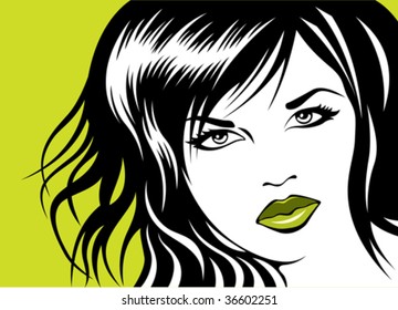 face or the nice girl in black and white color on green background