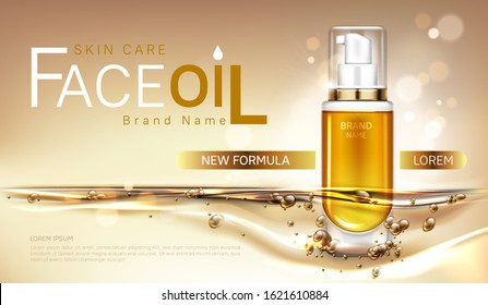Face oil cosmetics bottle mock up banner, repair beauty skin care product pump tube with gold liquid on blurred background. Facial cosmetic package design, magazine ad Realistic 3d vector illustration