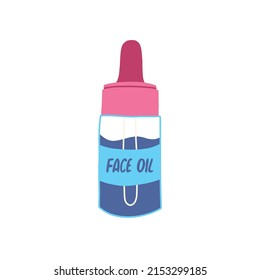 Face oil in glass bottle with dropper or pipette, flat vector illustration isolated on white background. Skin care cosmetics product. Moisturizing serum or cleanser in flask.