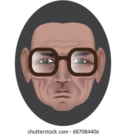 The face of an old man with deep wrinkles and a dimple on a bully. Frowning expression. Wise old man in dark brown glasses. Made by gradient mesh