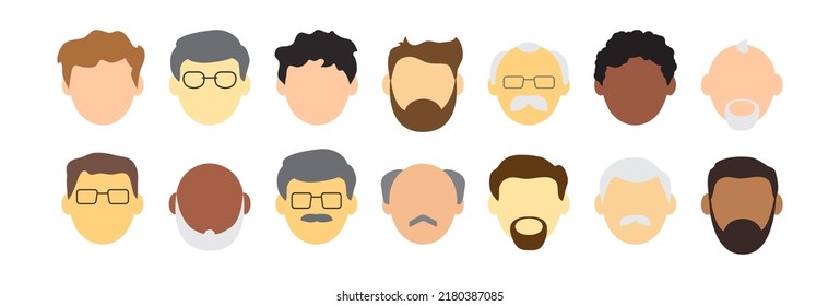 Face Old Man Vector Icon, Cartoon Avatar, People Character, Diverse Senior Men. Profile Grandfather Isolated On White Background. Glasses, Bald Head, Mustache And Beard. Human Illustration